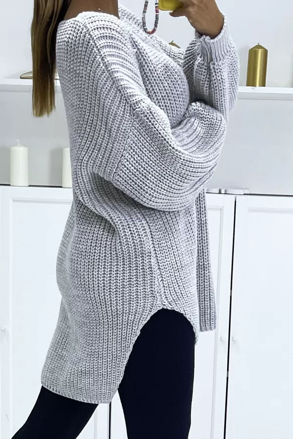Pull gris asymétrique en tricot à col v et manches bouffantes, ultra doux|27,05 €|OKKO MODE
