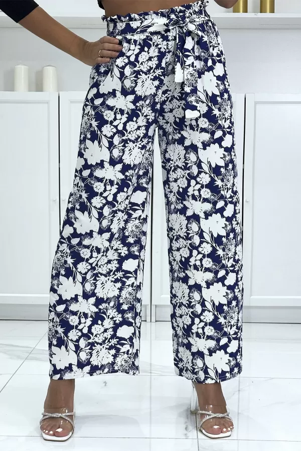 Pantalon palazzo royal et blanc motif fleuris tendance et chic|10,50 €|OKKO MODE