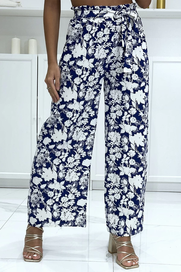 Pantalon palazzo royal et blanc motif fleuris tendance et chic|10,50 €|OKKO MODE