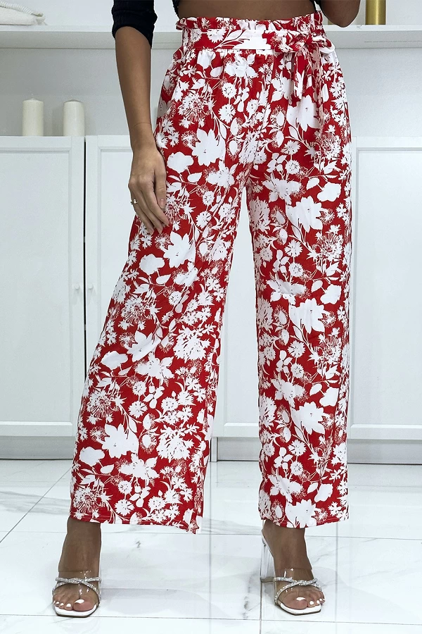 Pantalon palazzo rouge et blanc motif fleuris tendance et chic|10,50 €|OKKO MODE