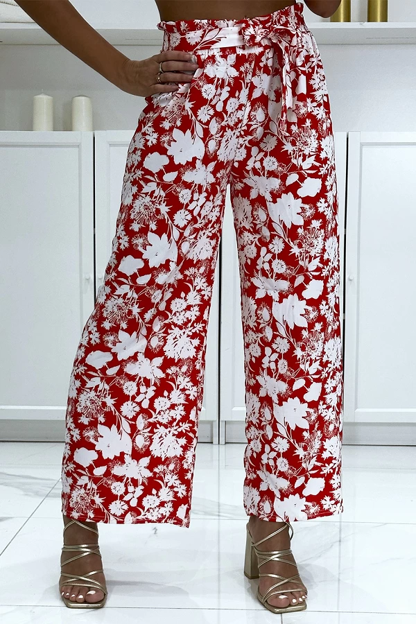 Pantalon palazzo rouge et blanc motif fleuris tendance et chic|10,50 €|OKKO MODE