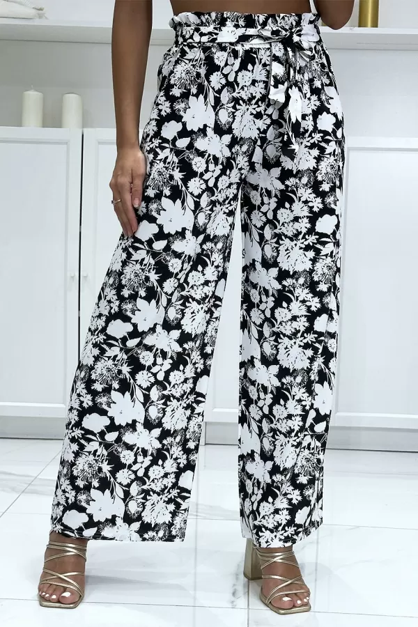 Pantalon palazzo noir et blanc motif fleuris tendance et chic|10,50 €|OKKO MODE