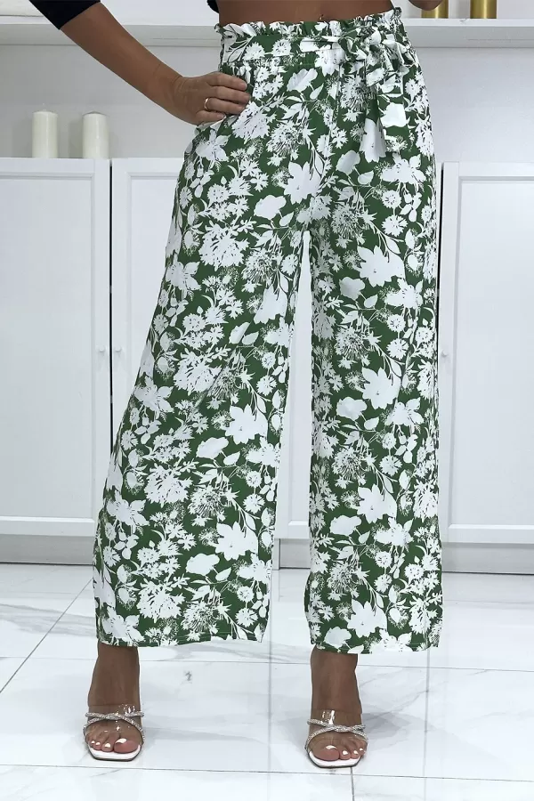 Pantalon palazzo vert et blanc motif fleuris tendance et chic|10,50 €|OKKO MODE