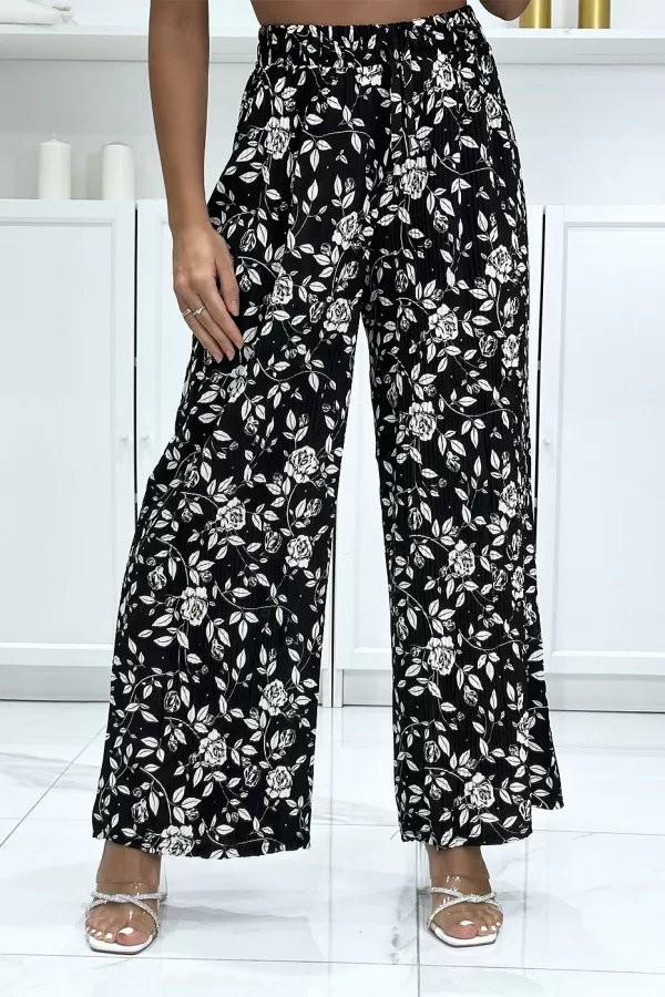 Pantalon palazzo plissé noir motif fleuris très tendance|12,25 €|OKKO MODE