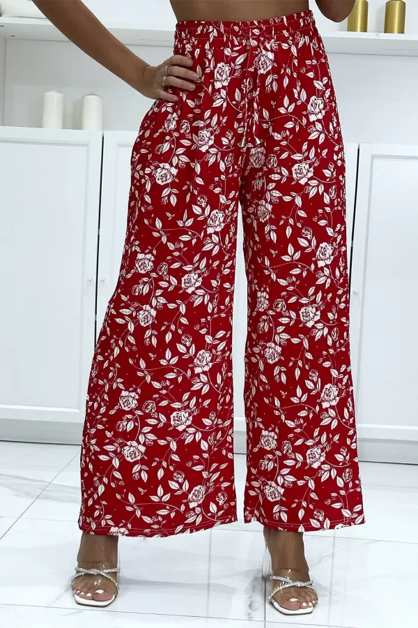 Pantalon palazzo plissé rouge motif fleuris très tendance|12,25 €|OKKO MODE