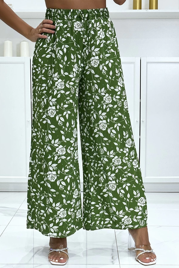 Pantalon palazzo plissé vert motif fleuris très tendance|12,25 €|OKKO MODE