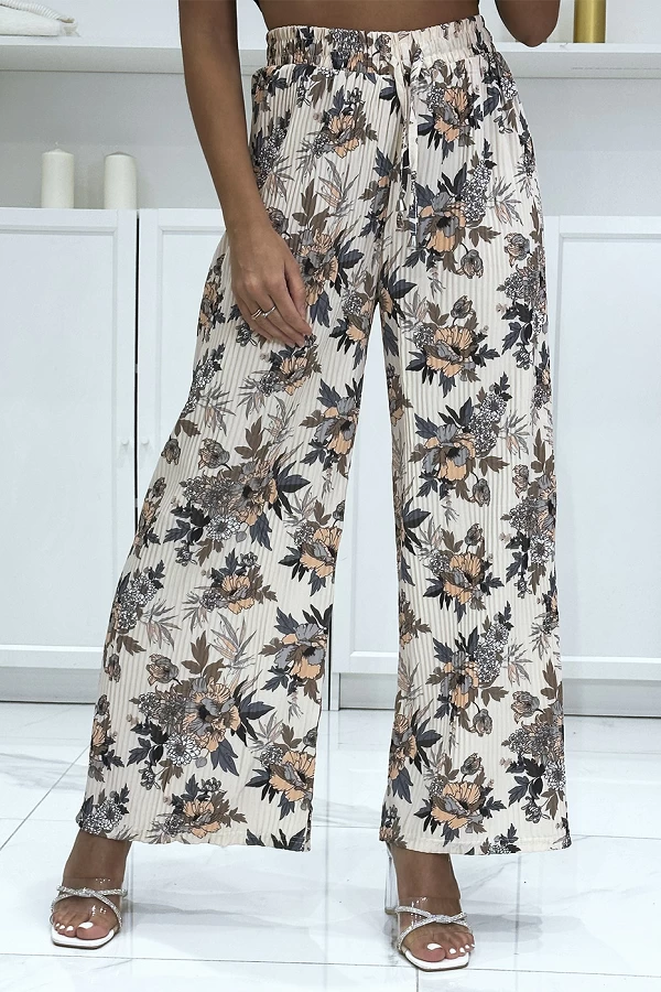 Pantalon palazzo plissé beige à motif fleuris|12,25 €|OKKO MODE
