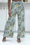 Pantalon palazzo plissé turquoise à motif fleuris|12,25 €|OKKO MODE