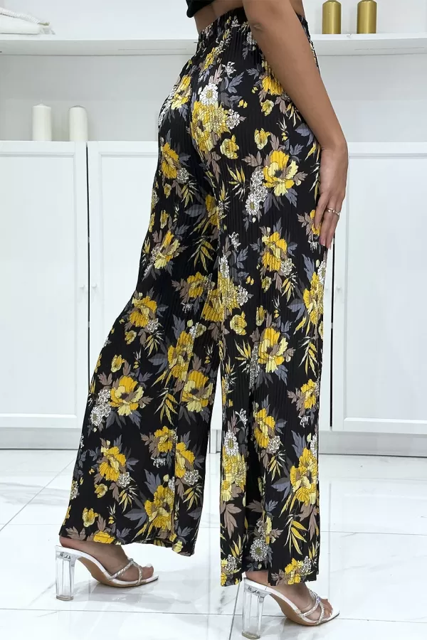 Pantalon palazzo plissé noir à motif fleuris|12,25 €|OKKO MODE