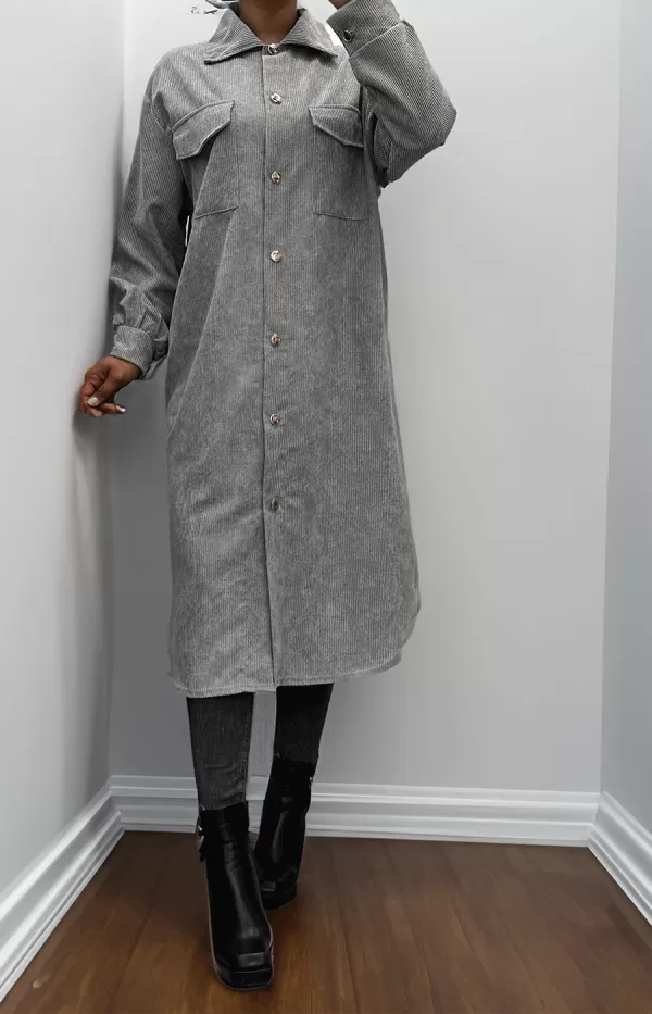 Longue robe côtelé gris effet velours - 2