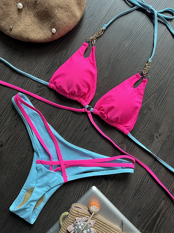 Bikini brésilien sexy pour femme, maillot de bain deux pièces avec décoration en métal, soutien-gorge push up, 2023|6,78 €|OKKO MODE