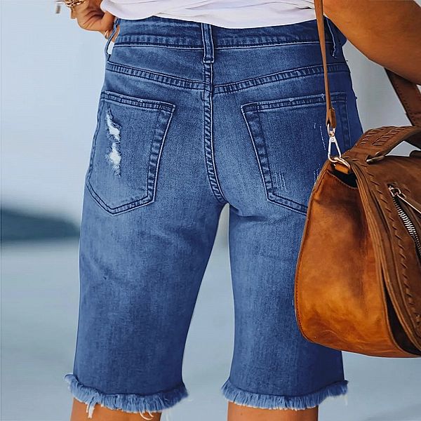 Short en jean taille moyenne pour femme, biscuits, ourlet effiloché, jean extensible, grande taille, été|18,85 €|OKKO MODE
