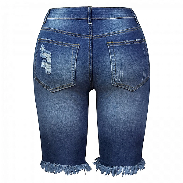 Short en jean taille moyenne pour femme, biscuits, ourlet effiloché, jean extensible, grande taille, été|18,85 €|OKKO MODE