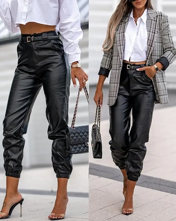 Pantalon Long en simili cuir noir taille haute