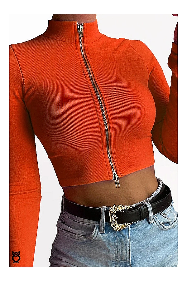 T-shirt Crop Top court femme, Zippé couleur orange, noir, marron et vert fluo