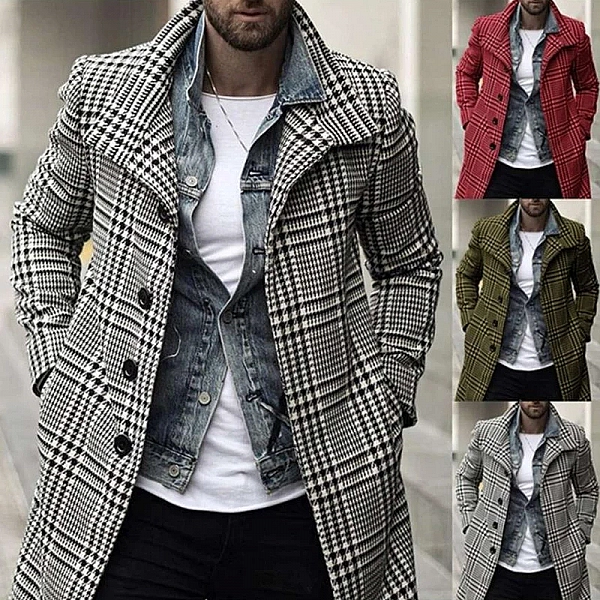 Manteau coupe-vent à revers à carreaux pour hommes, veste mi-longue, simple boutonnage, confortable, rétro 2024|25,84 €|OKKO MODE