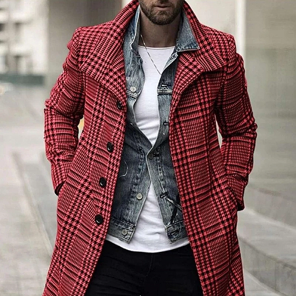 Manteau coupe-vent à revers à carreaux pour hommes, veste mi-longue, simple boutonnage, confortable, rétro 2024|25,84 €|OKKO MODE