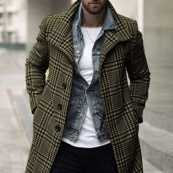 Manteau coupe-vent à revers à carreaux pour hommes, veste mi-longue, simple boutonnage, confortable, rétro 2024|25,84 €|OKKO MODE