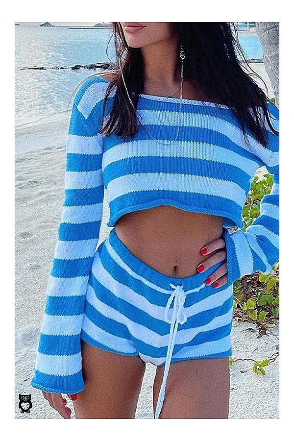 Short de plage sexy à rayures et Haut court à manches longues femme, ensemble 2 pièces, vêtements d'été|29,80 €|OKKO MODE