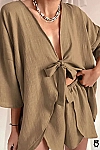 Ensemble en coton pyjama deux pièces pour femme, haut à lacets en V profond avec short, tenue d'été 2024|46,78 €|OKKO MODE