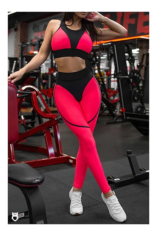 Ensemble fitness femme 2024, mode d'été et sport noir & rouge, patchwork & legging fibre