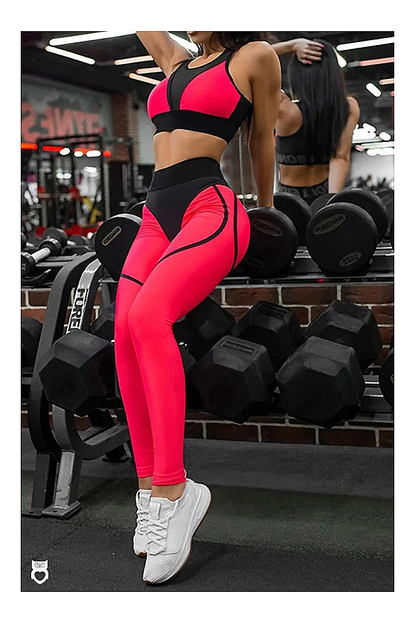 OKKO MODE|Ensemble fitness femme 2024, mode d'été et sport noir & rouge, patchwork & legging fibre