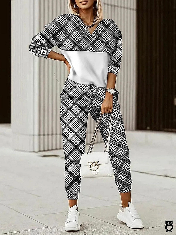 Survêtement femme imprimé lettre géométrique, haut à manches longues et pantalon, ensemble 2 pièces|30,02 €|OKKO MODE