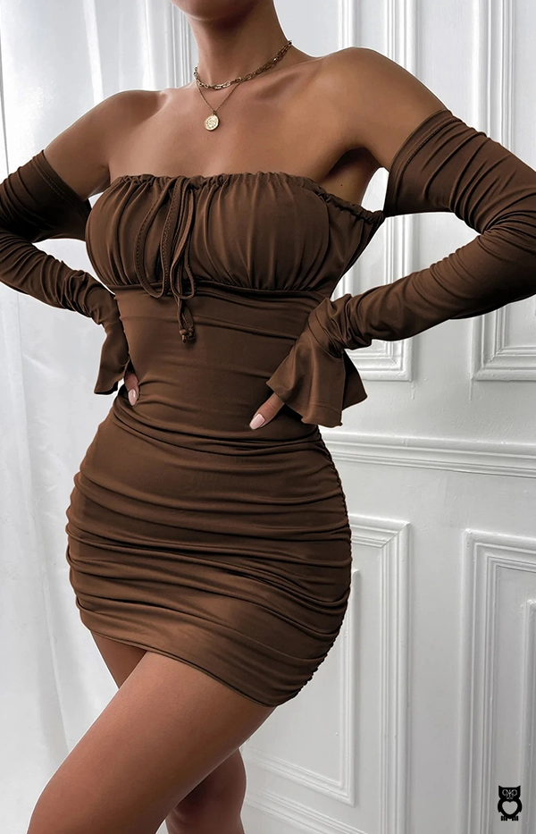 Mini-robe plissée à manches longues femmes, combi-jupe sexy, robes de soirée club élégantes, noir, marron, rouge, verte 2024|14,63 €|OKKO MODE