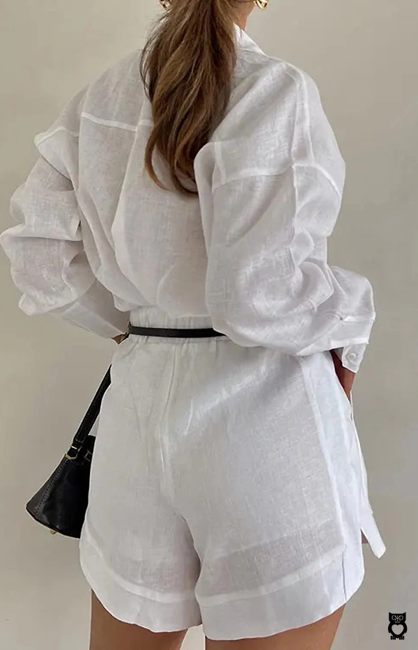 Ensemble 2 pièces short et chemise blanc ou bleu à revers taille haute pour femme, tenue d'été manches longues|44,33 €|OKKO MODE