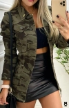 OKKO MODE|Veste jean kaki à manches longues femme militaire en coton avec poche boutonnée, manteau design décontracté, mode de l'été 2024