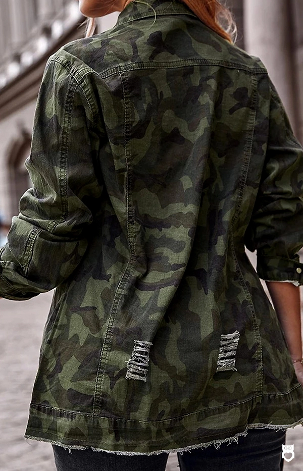 Veste en jean imprimée camouflage vert kaki pour femme avec poche boutonnée, vestes décontractée 2024|32,63 €|OKKO MODE