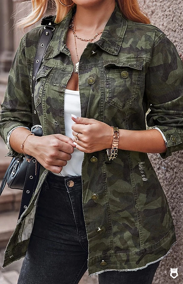Veste en jean imprimée camouflage vert kaki pour femme avec poche boutonnée, vestes décontractée 2024|32,63 €|OKKO MODE