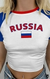 T-shirt blanc écriture Russia en rouge et bleu et drapeaux de la Russie d'été pour femmes okko mode 2024|OKKO MODE