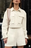 OKKO MODE|Femme ensemble beige Deux Pièces chemise Courte short taille haute à Pieds Larges, vêtements tendance mode Printemps été 2024