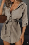 OKKO MODE|Robe chemise beige élégante à col en V profond pour femmes, haut de mode, boutons et manches 3/4 manches