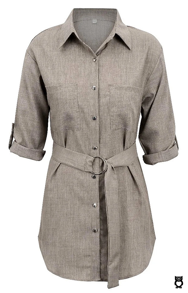 Robe chemise beige élégante à col en V profond pour femmes, haut de mode, boutons et manches 3/4 manches|19,55 €|OKKO MODE