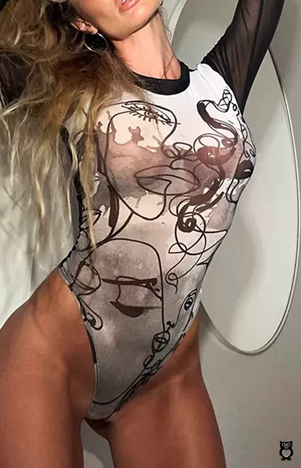 Body femme imprimé abstrait Picasso, combinaison en maille transparente à manches longues|OKKO MODE