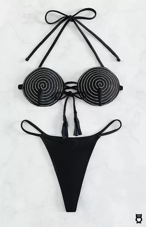 Ensemble de Bikinis de Luxe à Lacets pour Femme, Micro Maillot de Bain Brésilien, Col Licou, Strass Noir, Triangle 2024|11,36 €|OKKO MODE