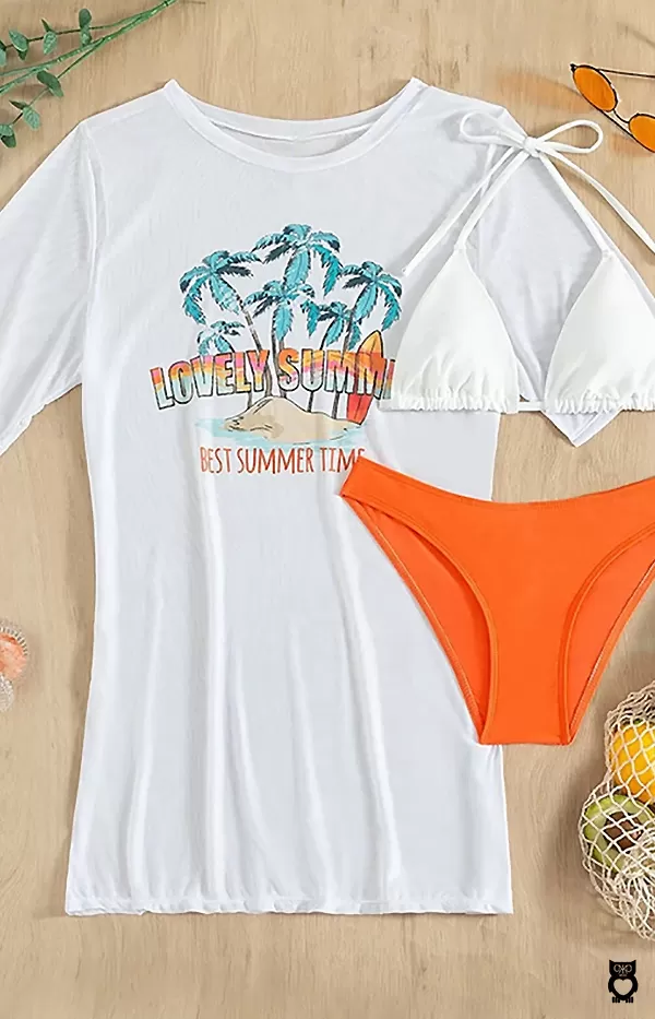 Bikini trois pièces imprimé tropical pour femme, maillot de bain + string avec t-shirt 2024|19,68 €|OKKO MODE