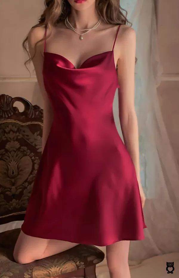 Chemise de nuit rouge ou noire en satin femme, vêtements et lingerie dos nu, pyjama sexy en fibre|12,83 €|OKKO MODE