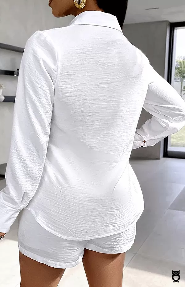 Ensemble blanc deux pièces décontracté pour femmes, chemise à manches longues, haut et short|33,11 €|OKKO MODE