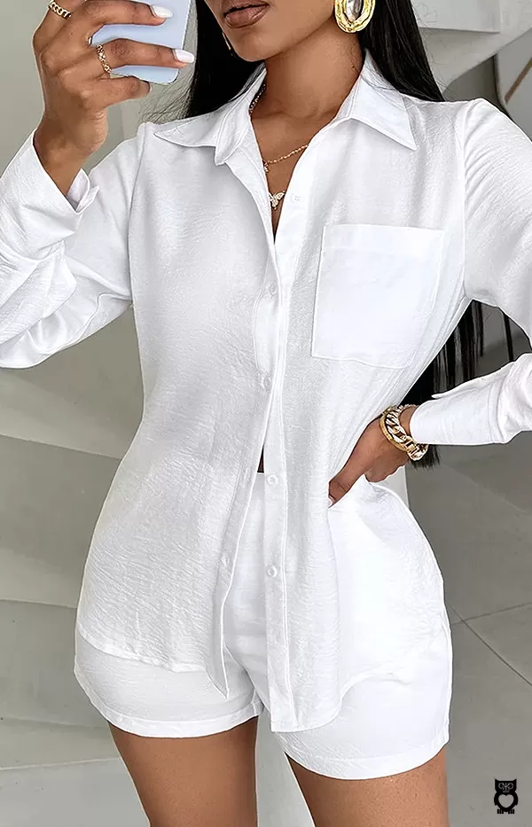 Ensemble blanc deux pièces décontracté pour femmes, chemise à manches longues, haut et short|33,11 €|OKKO MODE