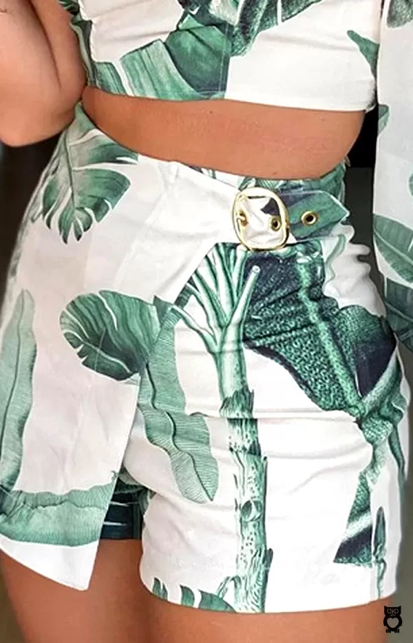 Ensemble haut et jupe short à manches longues et imprimé tropical femme, Couleur Blanc et Vert zen|24,15 €|OKKO MODE