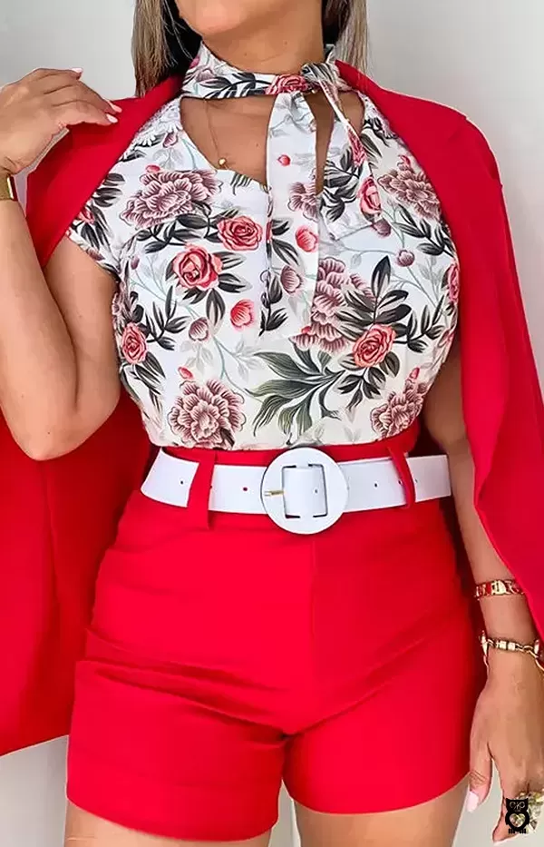 Ensemble haut court et short rouge femme, chemise col écharpe, imprimé floral deux pièces|25,07 €|OKKO MODE