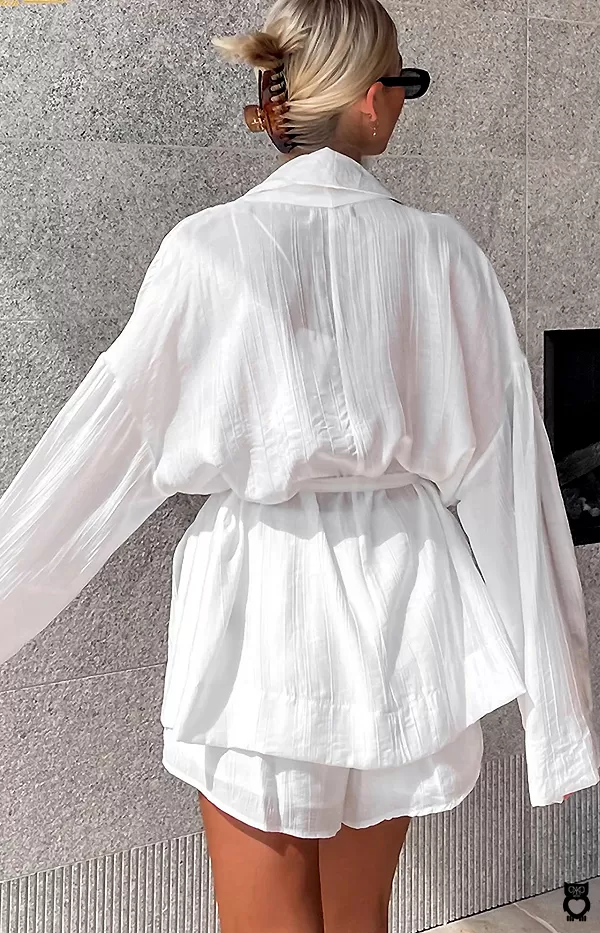 Ensembles shorts en dentelles blancs pour femmes tailles hautes, chemises à lacets à manches longues|45,28 €|OKKO MODE
