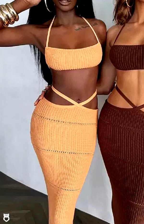 Ensemble orange femme, vêtements d'été 2 pièces, tricot sexy avec dos nu, jupe longue de plage 2024|15,30 €|OKKO MODE