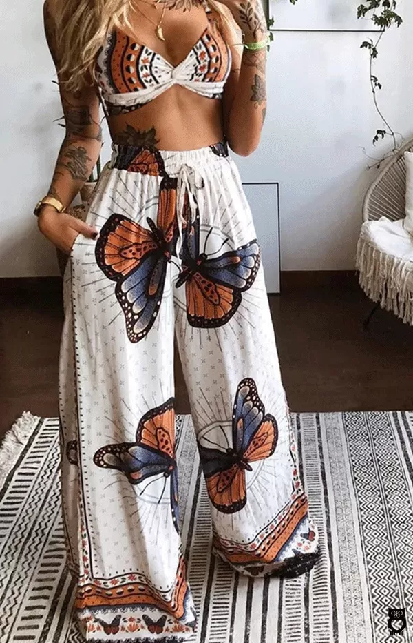 Ensemble femme d'été imprimé papillon, tenue blanche de plage, effet bohème Pantalon et Top coton|OKKO MODE