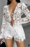 Haut blanc à manches longues en dentelle, Ensemble pour femme, Broderie sexy ouvert sur l'avant élégance 2024|18,05 €|OKKO MODE