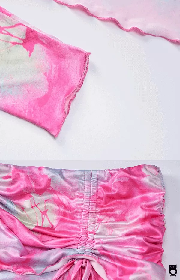 Ensemble 2 pièces rose imprimé tie and dye femme, haut court à volants et manches longues, mini jupe froncée, collection 2024|22,73 €|OKKO MODE