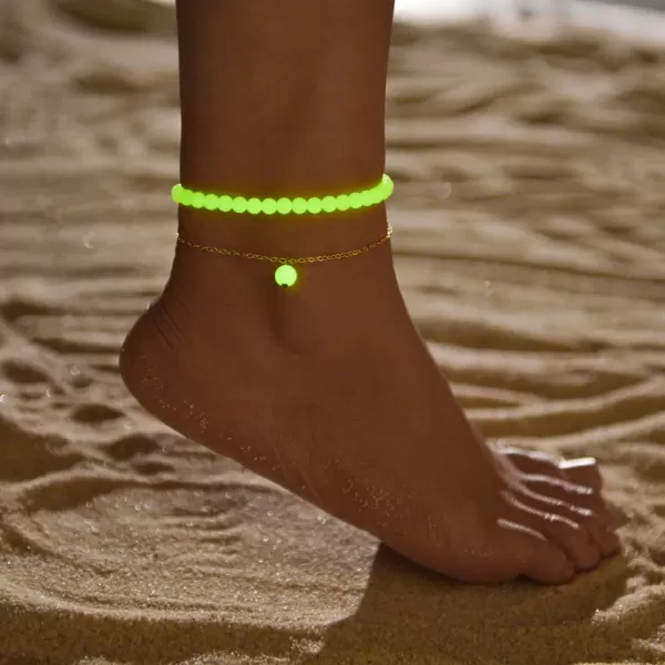 Ensemble de cheville perlé lumineux pour femme, style bohème, plage, 2 pièces fluorescent|OKKO MODE